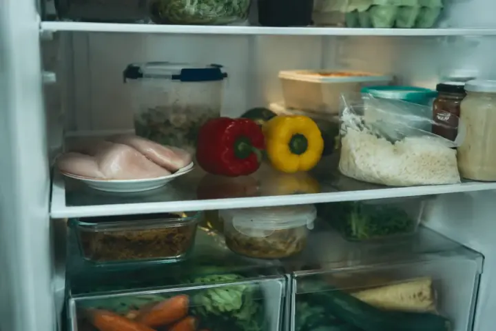 An ordinary fridge with chicken, peppers, rice and leftovers