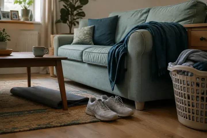 Trainers and an exercise mat in an ordinary living room