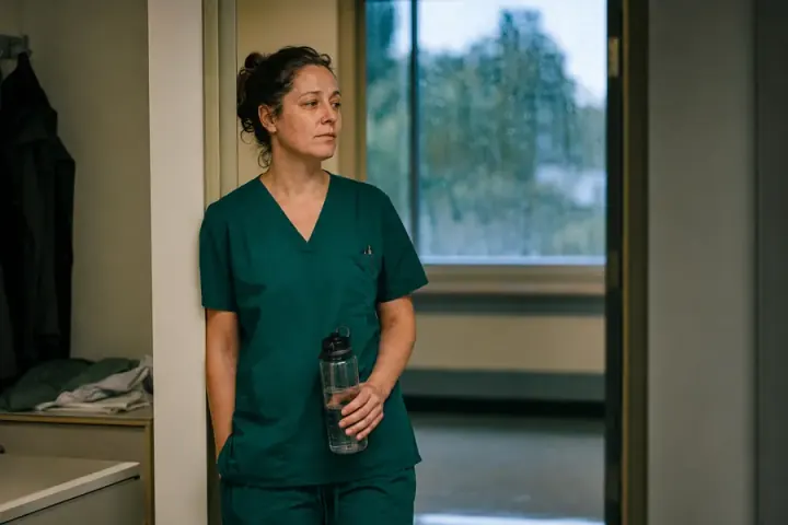 A healthcare worker pausing near the end of a long shift